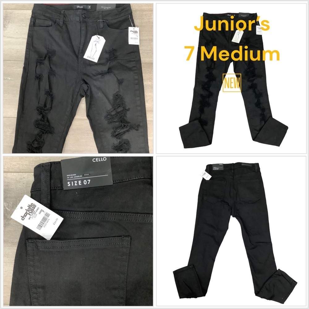 Charlotte Russe 7 Medium Jeans Destroyed Black Stacked Skinny Stretch Torn NWT